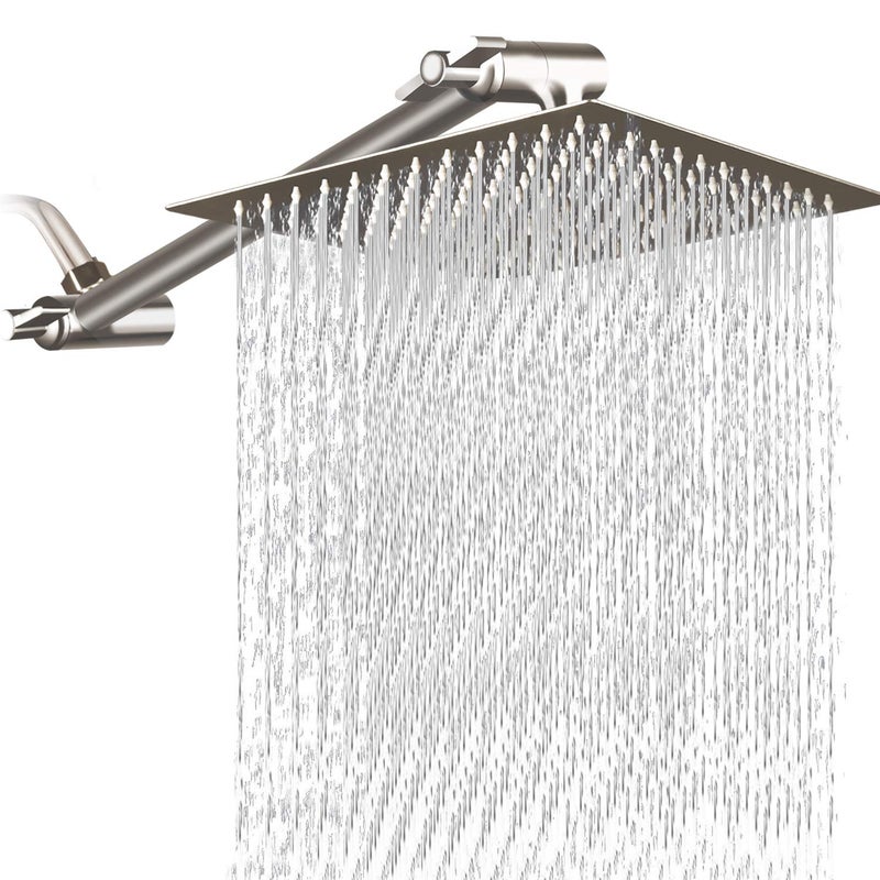 PinWin 12 Inch Square Rain Showerhead with 11 Inch Adjustable Extension Arm,Large Stainless Steel High Pressure Shower Head,Ultra Thin Rainfall Bath Shower with Easy to Clean and Install-Brushed Nickel - Image 1